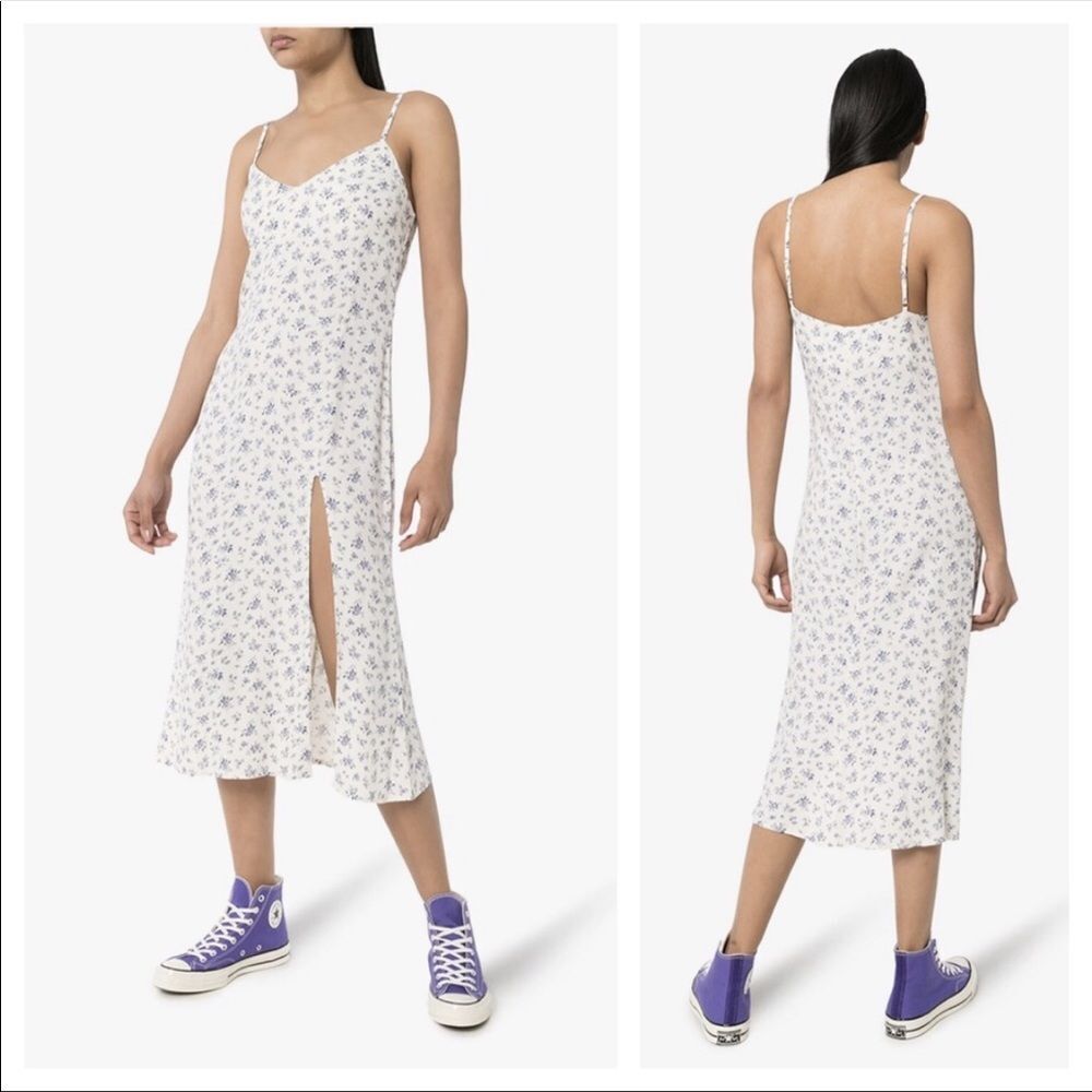 Reformation Crimini Cami Slit Slip Midi Nighty Dress Sz 12 White Blue Floral